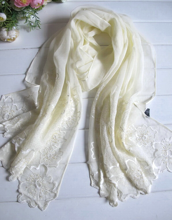 Pretty Embroidered Floral Beaded Scarves Wrap Women Winter Warm Silk 200*50CM - Beige