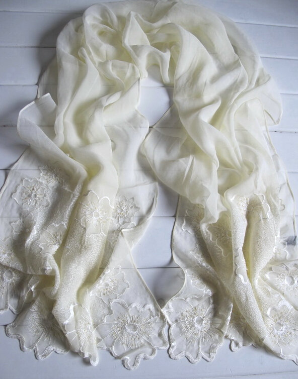 Pretty Embroidered Floral Beaded Scarves Wrap Women Winter Warm Silk 200*50CM - Beige