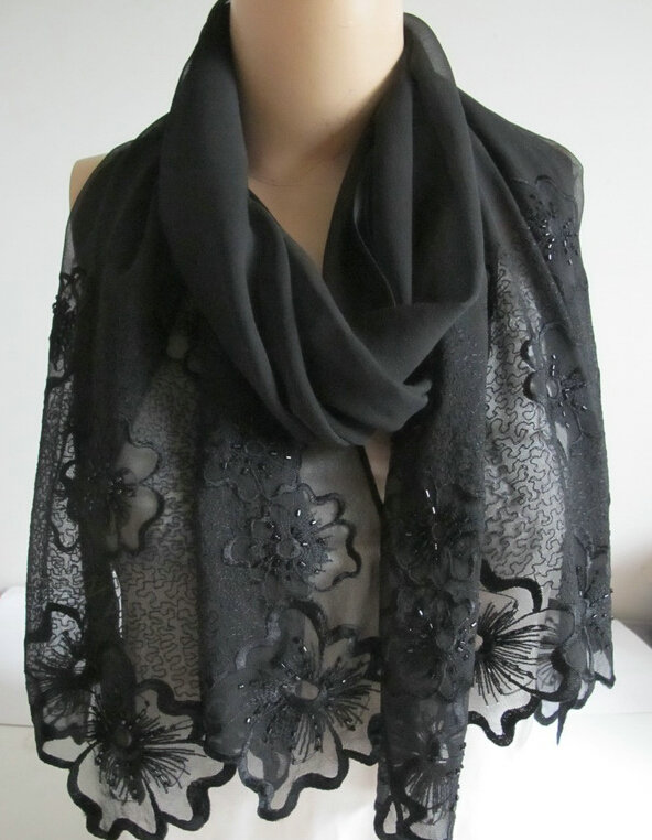 Pretty Embroidered Floral Beaded Scarves Wrap Women Winter Warm Silk 200*50CM - Black