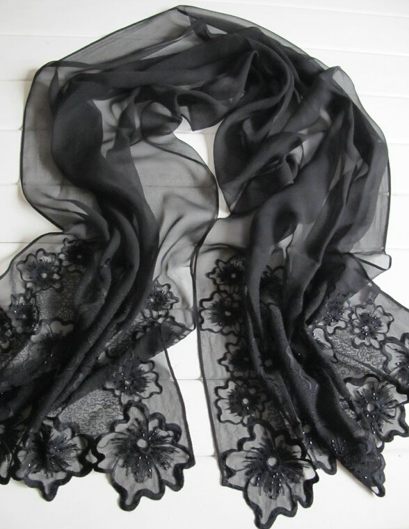 Pretty Embroidered Floral Beaded Scarves Wrap Women Winter Warm Silk 200*50CM - Black