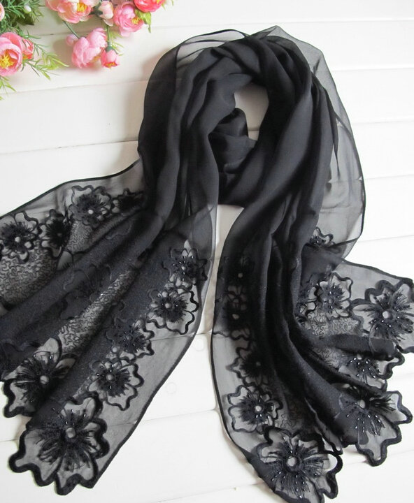 Pretty Embroidered Floral Beaded Scarves Wrap Women Winter Warm Silk 200*50CM - Black