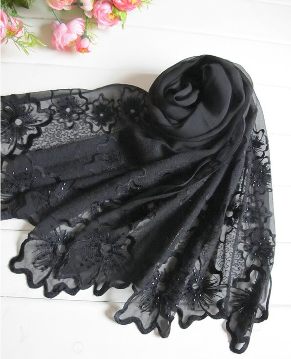 Pretty Embroidered Floral Beaded Scarves Wrap Women Winter Warm Silk 200*50CM - Black