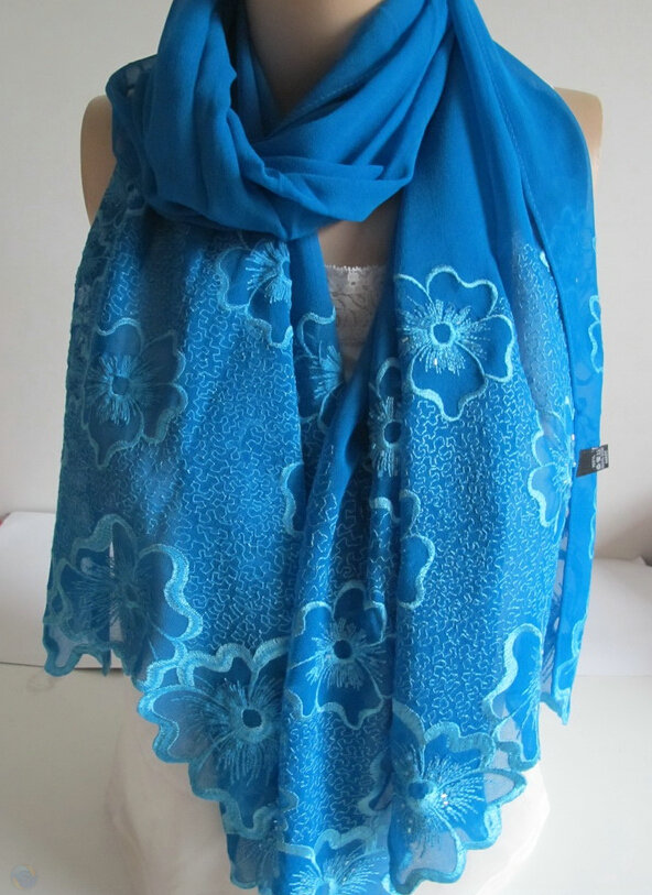 Pretty Embroidered Floral Beaded Scarves Wrap Women Winter Warm Silk 200*50CM - Blue