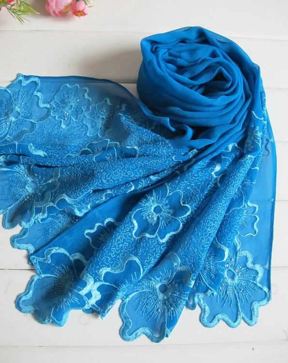 Pretty Embroidered Floral Beaded Scarves Wrap Women Winter Warm Silk 200*50CM - Blue