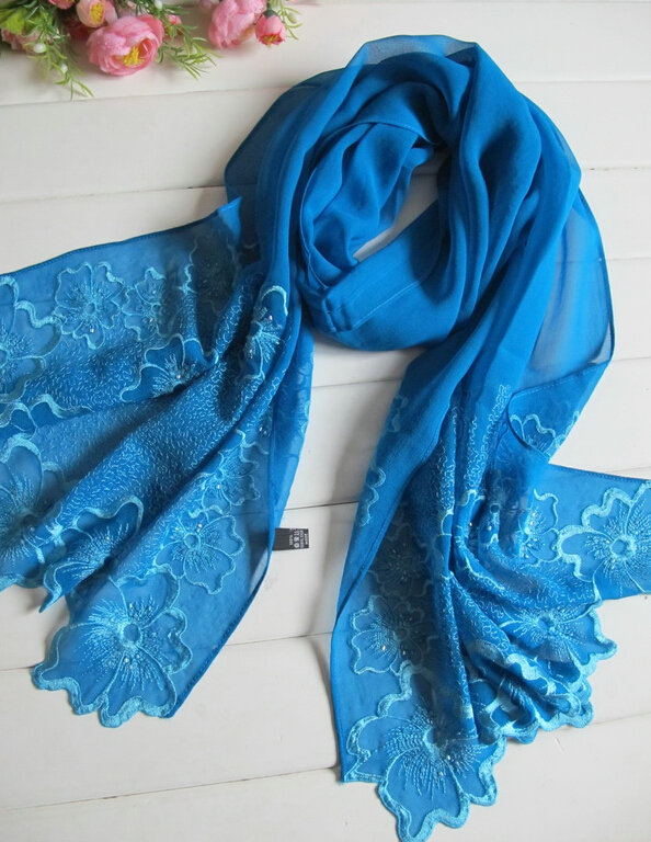 Pretty Embroidered Floral Beaded Scarves Wrap Women Winter Warm Silk 200*50CM - Blue