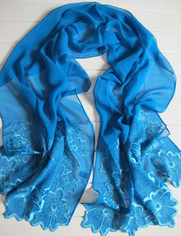 Pretty Embroidered Floral Beaded Scarves Wrap Women Winter Warm Silk 200*50CM - Blue