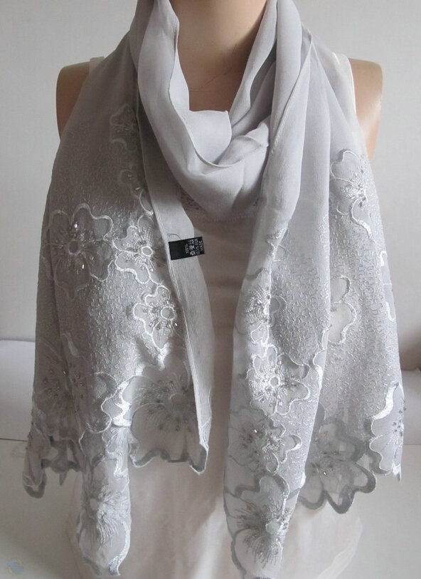 Pretty Embroidered Floral Beaded Scarves Wrap Women Winter Warm Silk 200*50CM - Grey