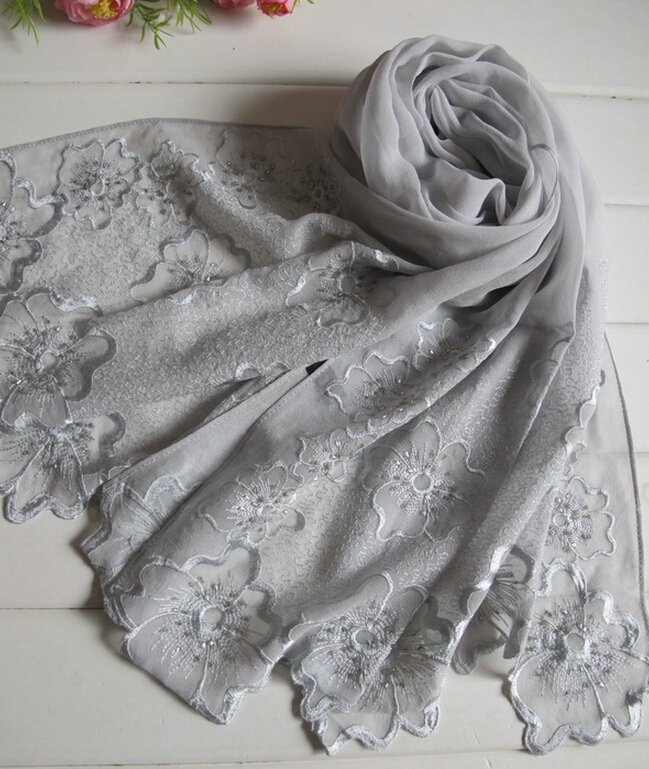 Pretty Embroidered Floral Beaded Scarves Wrap Women Winter Warm Silk 200*50CM - Grey