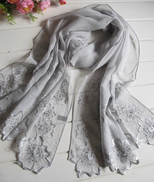 Pretty Embroidered Floral Beaded Scarves Wrap Women Winter Warm Silk 200*50CM - Grey