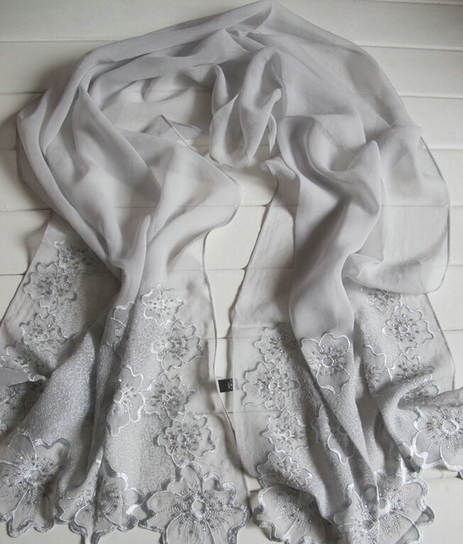 Pretty Embroidered Floral Beaded Scarves Wrap Women Winter Warm Silk 200*50CM - Grey
