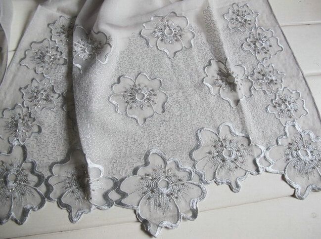 Pretty Embroidered Floral Beaded Scarves Wrap Women Winter Warm Silk 200*50CM - Grey
