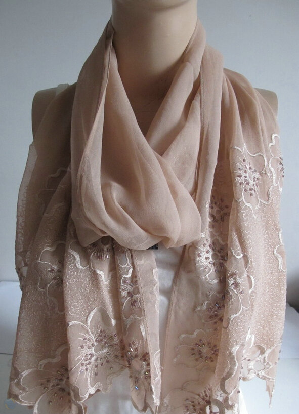 Pretty Embroidered Floral Beaded Scarves Wrap Women Winter Warm Silk 200*50CM - Kahki