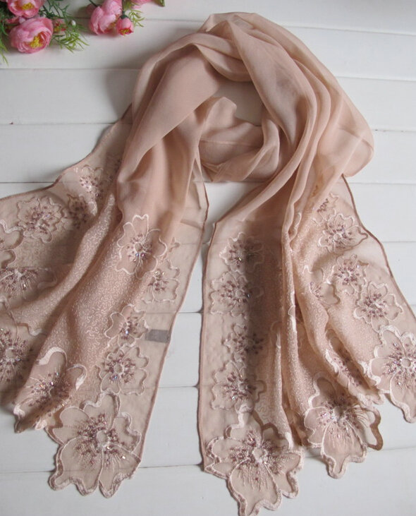 Pretty Embroidered Floral Beaded Scarves Wrap Women Winter Warm Silk 200*50CM - Kahki