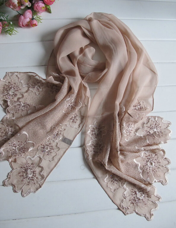 Pretty Embroidered Floral Beaded Scarves Wrap Women Winter Warm Silk 200*50CM - Kahki