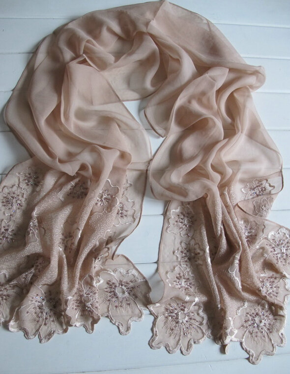 Pretty Embroidered Floral Beaded Scarves Wrap Women Winter Warm Silk 200*50CM - Kahki