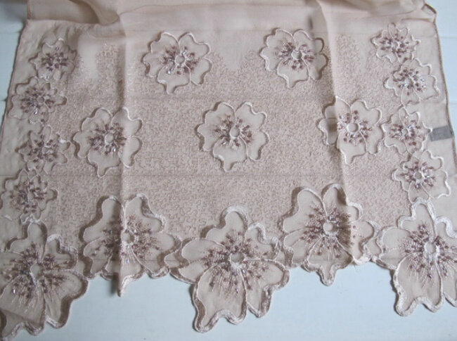Pretty Embroidered Floral Beaded Scarves Wrap Women Winter Warm Silk 200*50CM - Kahki