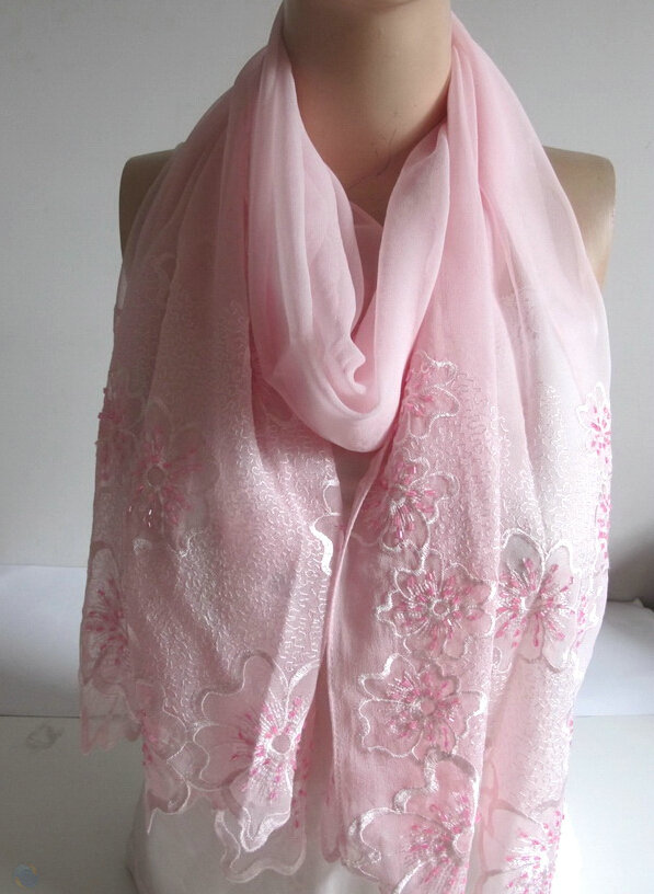 Pretty Embroidered Floral Beaded Scarves Wrap Women Winter Warm Silk 200*50CM - Pink