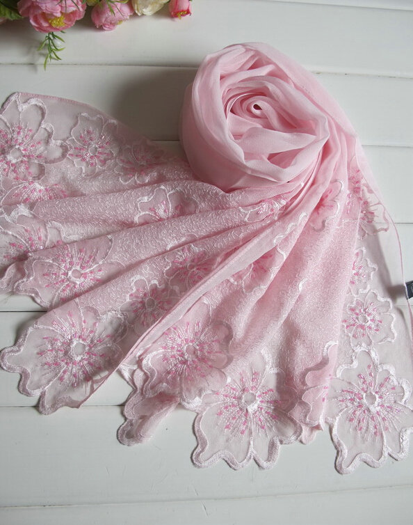 Pretty Embroidered Floral Beaded Scarves Wrap Women Winter Warm Silk 200*50CM - Pink
