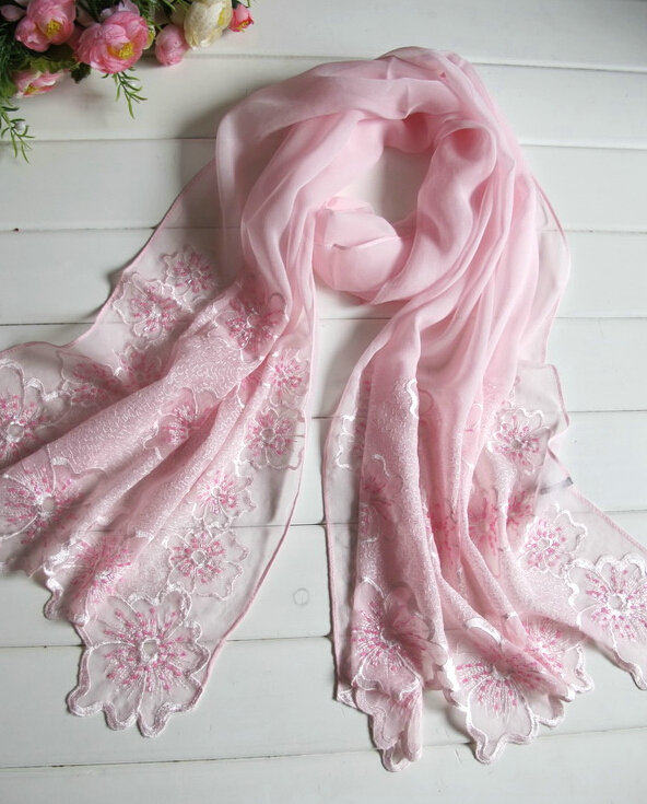Pretty Embroidered Floral Beaded Scarves Wrap Women Winter Warm Silk 200*50CM - Pink