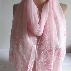 Pretty Embroidered Floral Beaded Scarves Wrap Women Winter Warm Silk 200*50CM - Pink