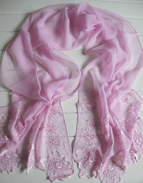 Pretty Embroidered Floral Beaded Scarves Wrap Women Winter Warm Silk 200*50CM - Purple