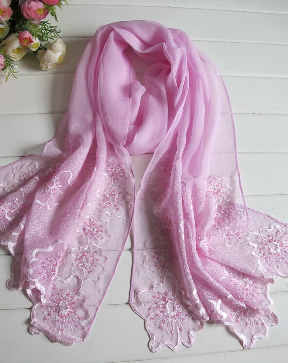 Pretty Embroidered Floral Beaded Scarves Wrap Women Winter Warm Silk 200*50CM - Purple