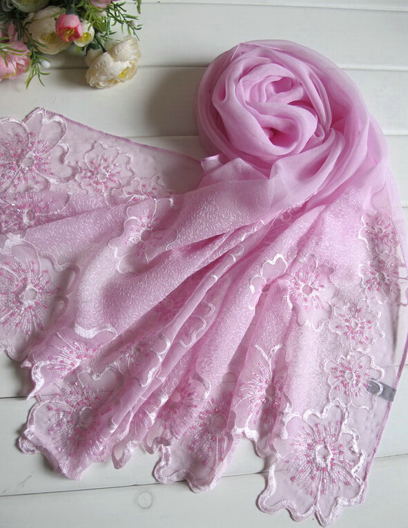Pretty Embroidered Floral Beaded Scarves Wrap Women Winter Warm Silk 200*50CM - Purple