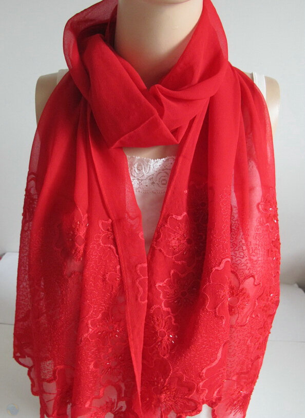 Pretty Embroidered Floral Beaded Scarves Wrap Women Winter Warm Silk 200*50CM - Red