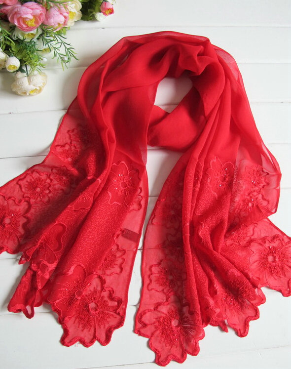 Pretty Embroidered Floral Beaded Scarves Wrap Women Winter Warm Silk 200*50CM - Red