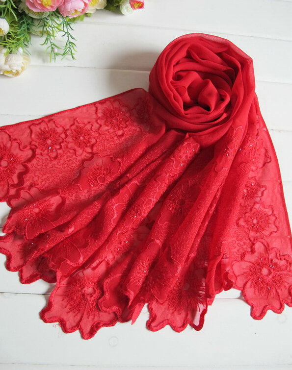 Pretty Embroidered Floral Beaded Scarves Wrap Women Winter Warm Silk 200*50CM - Red