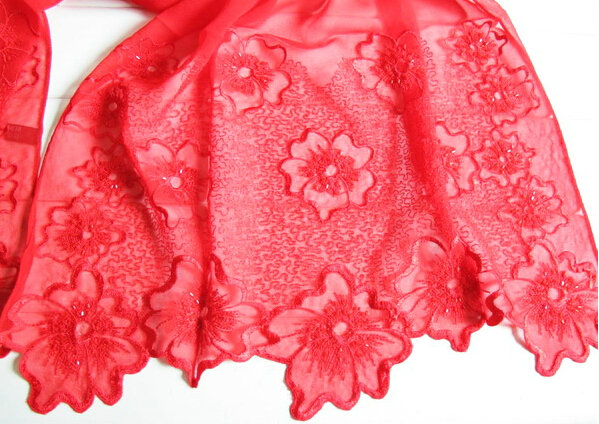 Pretty Embroidered Floral Beaded Scarves Wrap Women Winter Warm Silk 200*50CM - Red
