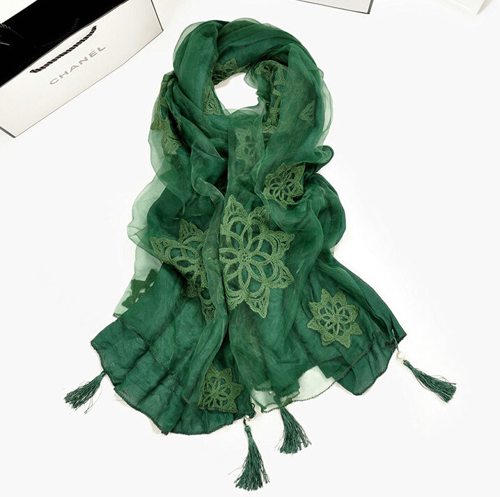 Pretty Embroidered Floral Beaded Scarves Wrap Women Winter Warm Cotton 200*38CM - Green