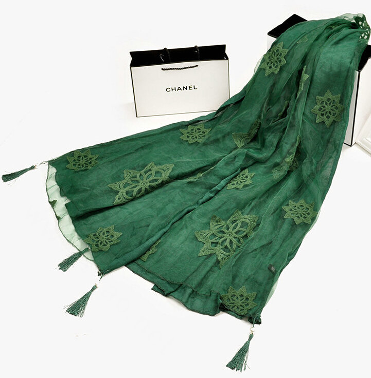 Pretty Embroidered Floral Beaded Scarves Wrap Women Winter Warm Cotton 200*38CM - Green
