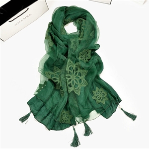 Pretty Embroidered Floral Beaded Scarves Wrap Women Winter Warm Cotton 200*38CM - Green