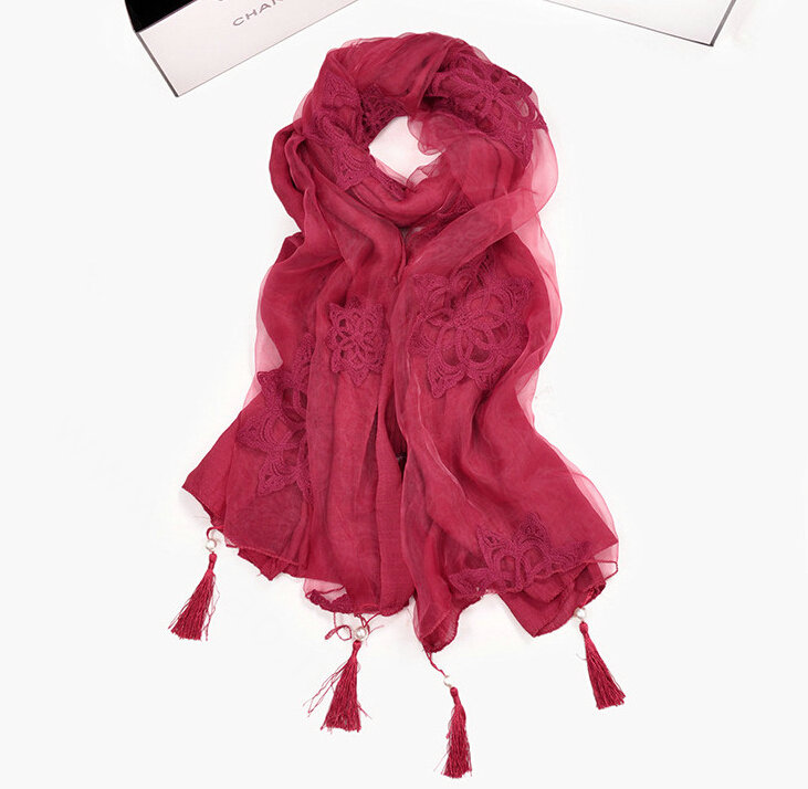 Pretty Embroidered Floral Beaded Scarves Wrap Women Winter Warm Cotton 200*38CM - Red