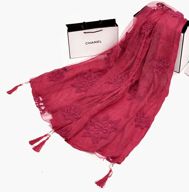 Pretty Embroidered Floral Beaded Scarves Wrap Women Winter Warm Cotton 200*38CM - Red
