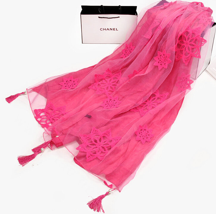 Pretty Embroidered Floral Beaded Scarves Wrap Women Winter Warm Cotton 200*38CM - Rose