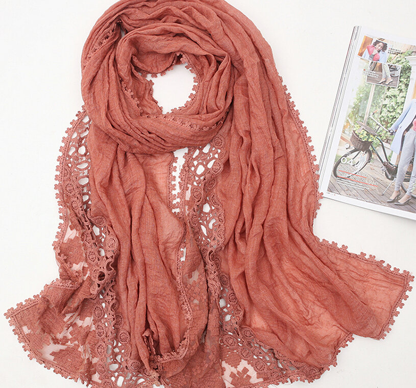 Pretty Embroidered Floral Lace Scarves Wrap Women Winter Warm Cotton 200*75CM - Coffee