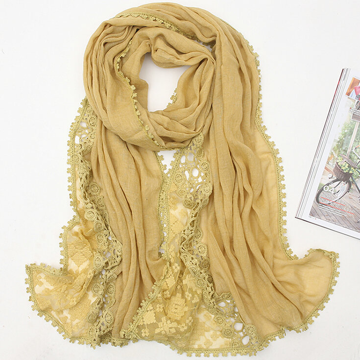 Pretty Embroidered Floral Lace Scarves Wrap Women Winter Warm Cotton 200*75CM - Yellow
