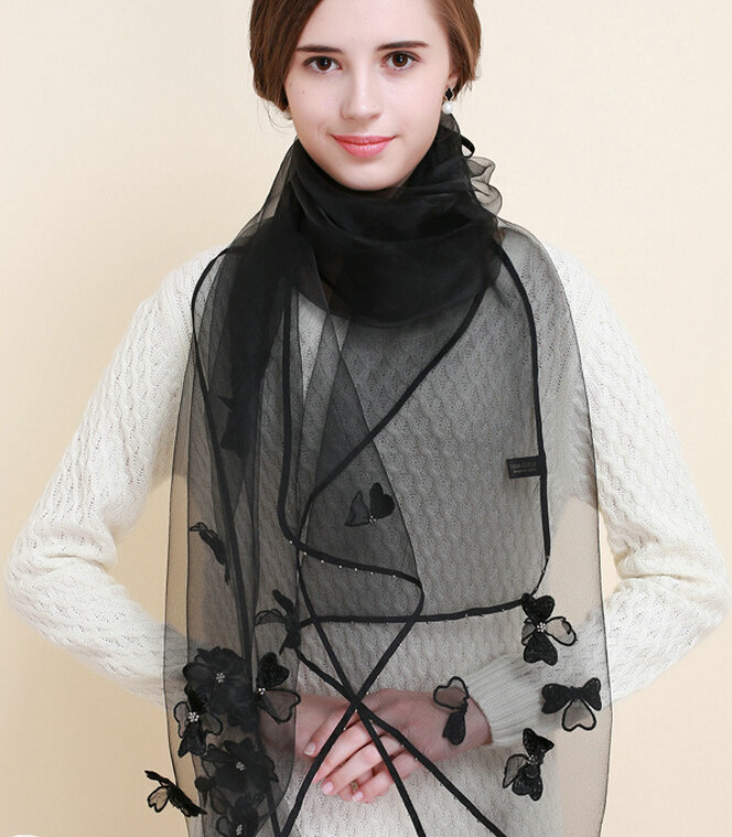 Pretty Floral Lace Scarf Shawls Women Winter Warm Silk Panties 180*70CM - Black