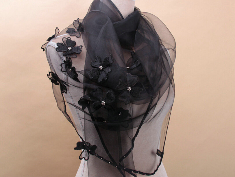 Pretty Floral Lace Scarf Shawls Women Winter Warm Silk Panties 180*70CM - Black