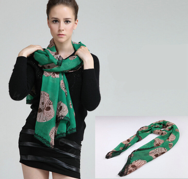 Pretty Skull Sheer Scarf Shawls Women Winter Warm Silk Panties 140*140CM - Green
