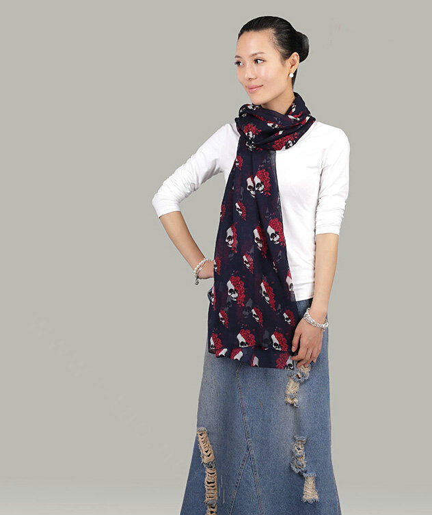 Pretty Skull Sheer Scarf Shawls Women Winter Warm Silk Panties 200*30CM - Navy