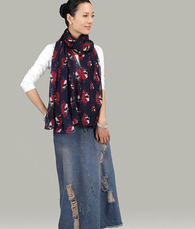 Pretty Skull Sheer Scarf Shawls Women Winter Warm Silk Panties 200*30CM - Navy