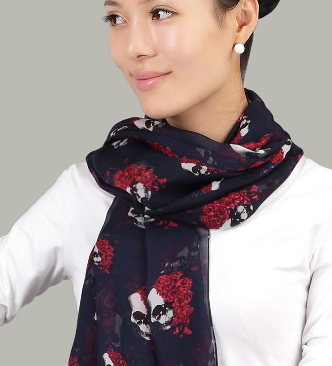 Pretty Skull Sheer Scarf Shawls Women Winter Warm Silk Panties 200*30CM - Navy