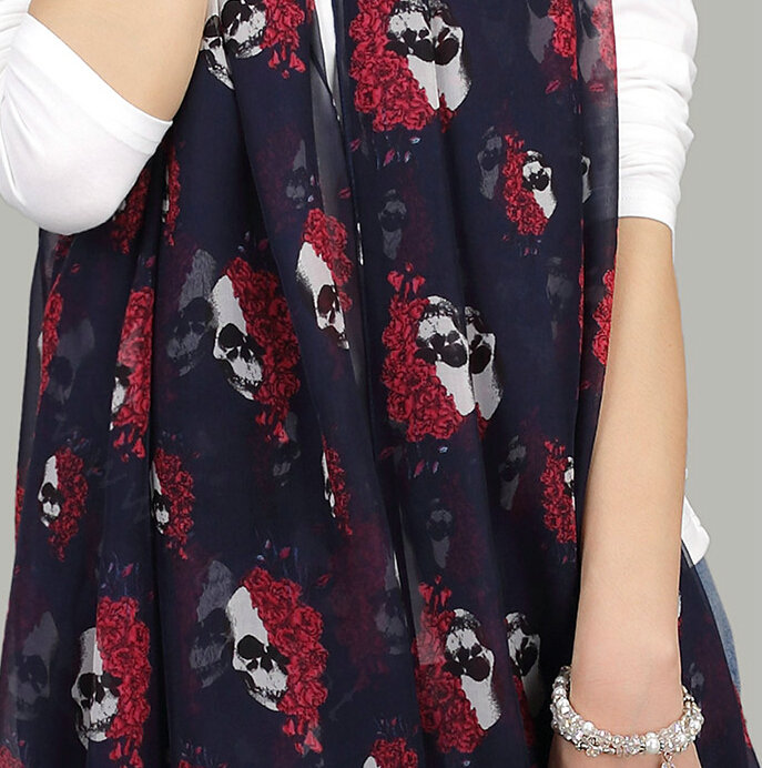 Pretty Skull Sheer Scarf Shawls Women Winter Warm Silk Panties 200*30CM - Navy