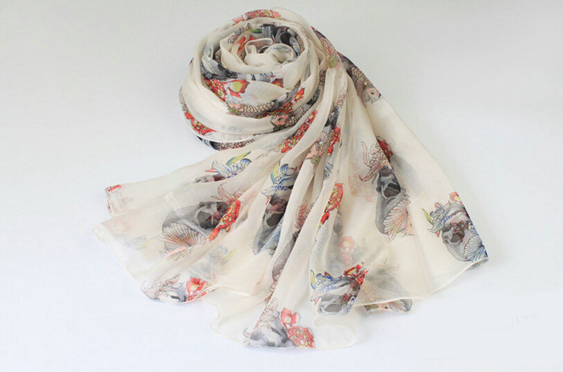 Pretty Skull Sheer Scarf Shawls Women Winter Warm Silk Panties 200*65CM - White