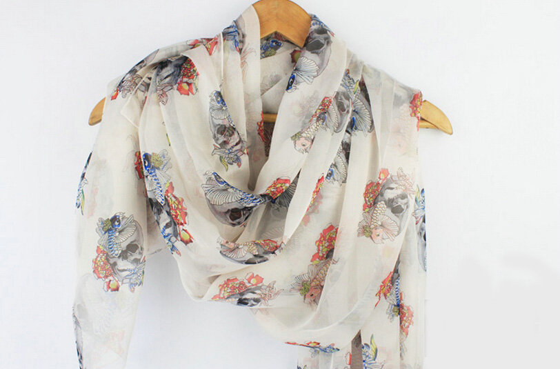 Pretty Skull Sheer Scarf Shawls Women Winter Warm Silk Panties 200*65CM - White