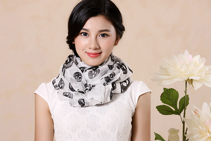 Pretty Skull Sheer Scarf Shawls Women Winter Warm Silk Panties 245*135CM - White