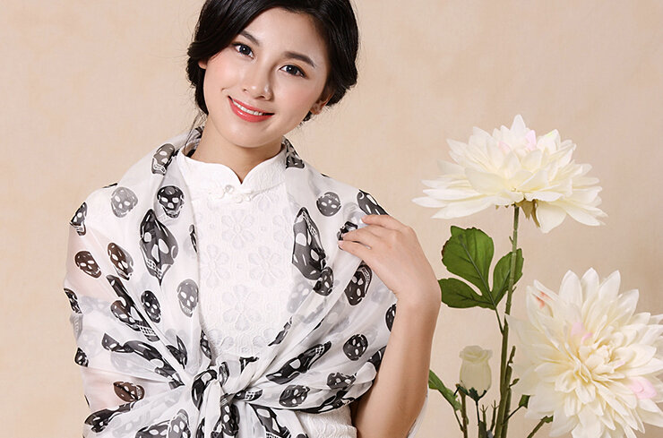 Pretty Skull Sheer Scarf Shawls Women Winter Warm Silk Panties 245*135CM - White